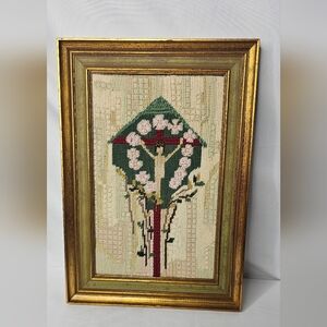 Vintage Dutch Needlepoint Roadside Cross South Limburg Folk Art Framed 10.5x15"